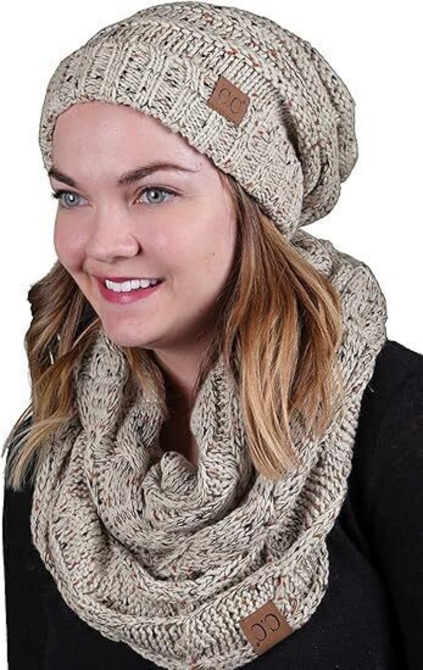 8318 Matching 2 Pack Oversized Beanie Scarf Bundle - Oatmeal Confetti